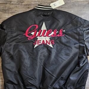 Guess Women's Black Bomber Jacket with Red Embroidery